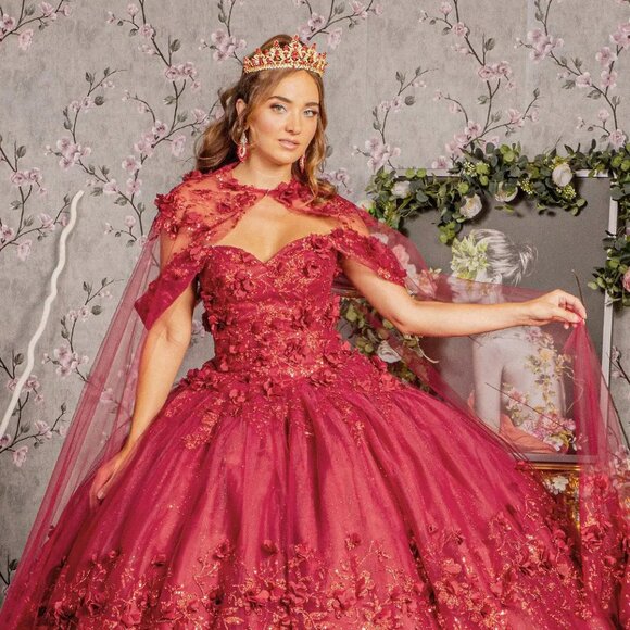 New Maxi Sleeveless Mesh Dress w/ Floral Applique & Removable Cape  GL3179 - Picture 7 of 11